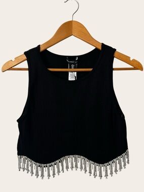 Sincerely Jules Black Ribbed Crop Top with Silver Beaded Fringe